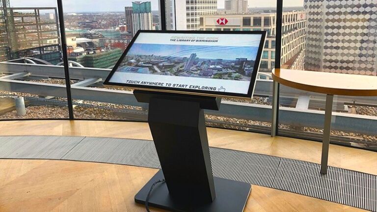 Freestanding pcap touchscreen digital kiosk in Birmingham Library